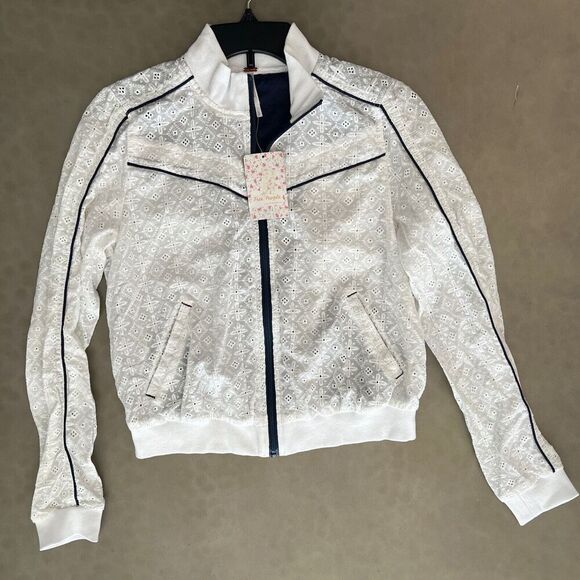 Free People Women Sz S White/Navy Embroidered Eyelet Full Zip Track Jacket - Picture 1 of 12